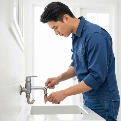 Handyman fixing a leaky faucet, showing attention to detail and professional tools, in a clean home environment, no text, no words, no typography, 8K