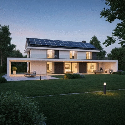 Modern energy-efficient home with solar panels and smart lighting, no text, no words, no typography, clean image