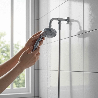 Hands adjusting a low-flow showerhead, with water droplets, showing water conservation, no text, no words, no typography, 8K