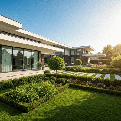 Modern home exterior with well-maintained garden, clean, sunny day, no text, no words, no typography, 8K