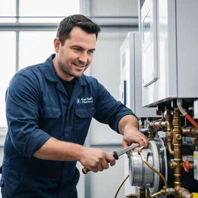 Gas Safe registered plumber working on a commercial boiler