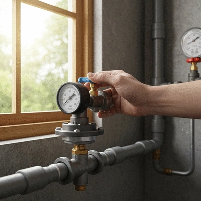 Hand adjusting a pressure regulator valve on a domestic water pipe, with clear labels and gauges