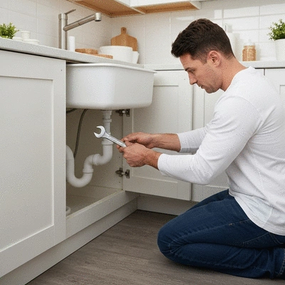 Homeowner confidently using a plumbing tool to fix a pipe