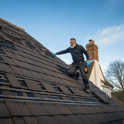 Professional inspecting a roof for damaged shingles after winter
