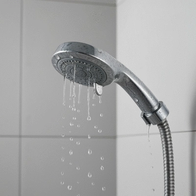 Close-up of a leaking shower head with water dripping, showing signs of wear and tear