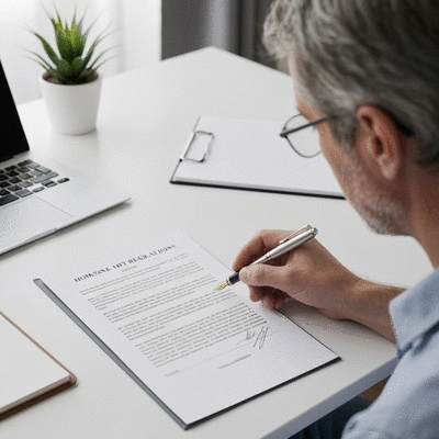 Homeowner reviewing legal documents related to property regulations on a desk, no text, no words, no typography