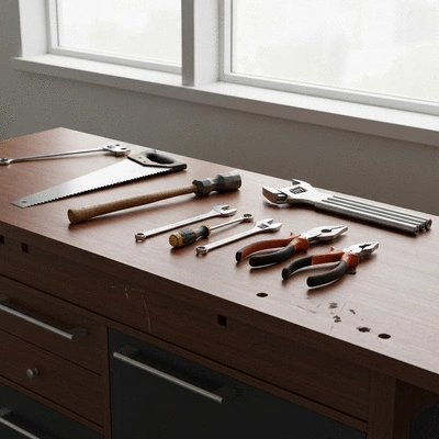 Assortment of home maintenance tools on a workbench