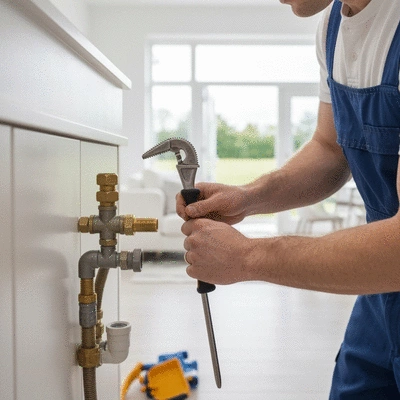 Professional contractor working on plumbing in a modern home in Hertfordshire