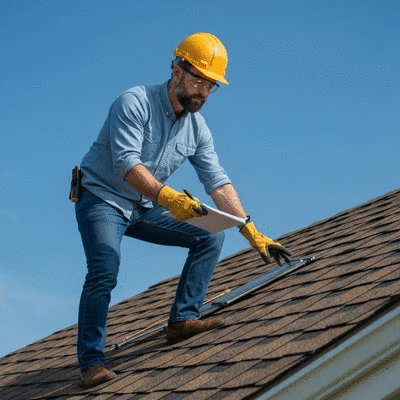 Homeowner inspecting roof of their house with a checklist