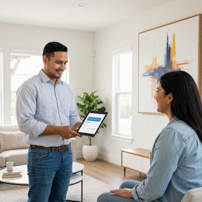 Tradesperson showing credentials on a tablet to a homeowner, modern home setting, bright and clean