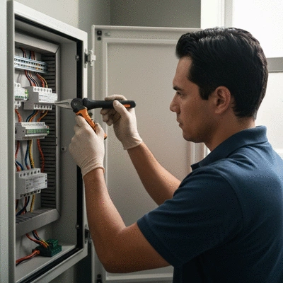 Electrician performing an EICR inspection on an electrical panel