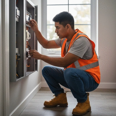 Professional electrician working on a modern electrical panel, no text, no words, no typography, clean image