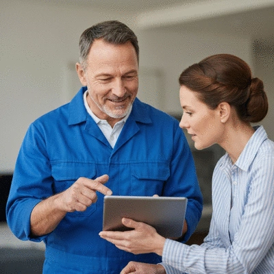 Professional property maintenance worker discussing warranty terms with a homeowner on a tablet, no text, no words, no typography, clean image