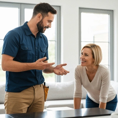 Professional handyman explaining repair details to a homeowner