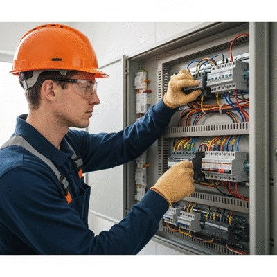Electrician performing an electrical safety inspection on a residential electrical panel, professional, clean, no text, no words, no typography
