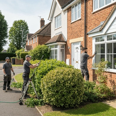Professional property maintenance crew working on a house exterior in Hertfordshire
