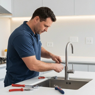 Handyman repairing a leaky faucet in a modern kitchen, focus on tools and hands, no text, no words, no typography, clean image, 8K