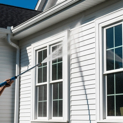 Professional pressure washing a house exterior, clean image