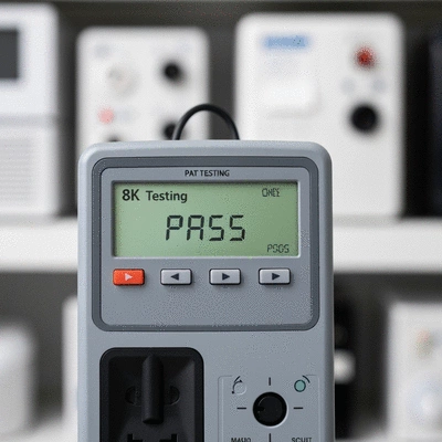 Close-up of a PAT testing device displaying a 'PASS' result