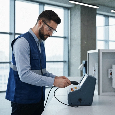 Professional technician conducting PAT test on electrical equipment in a commercial property