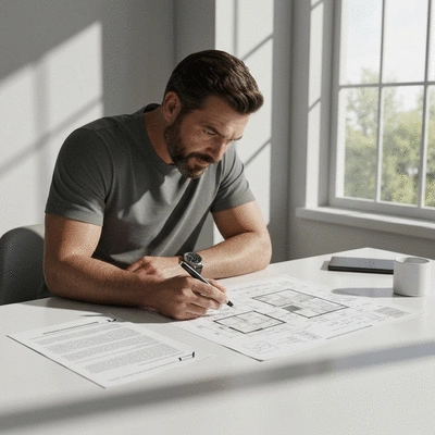 Homeowner reviewing a home renovation plan with a checklist on a table