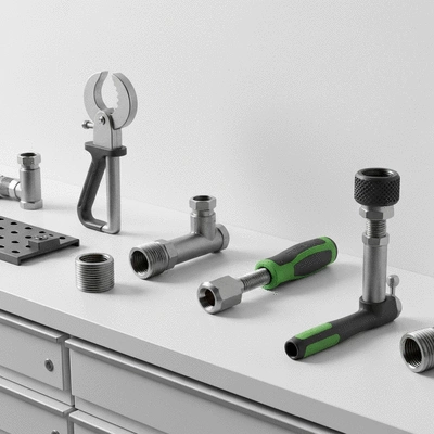 Modern plumbing tools neatly arranged on a workbench