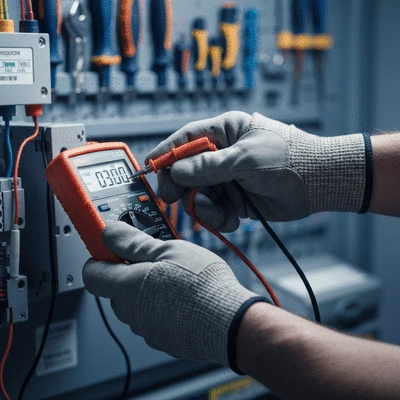 Close-up of an electrician's hand testing an electrical component with a multimeter