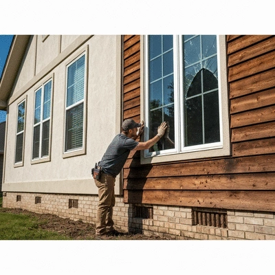 Homeowner inspecting exterior of their house for pest entry points, demonstrating preventive pest control