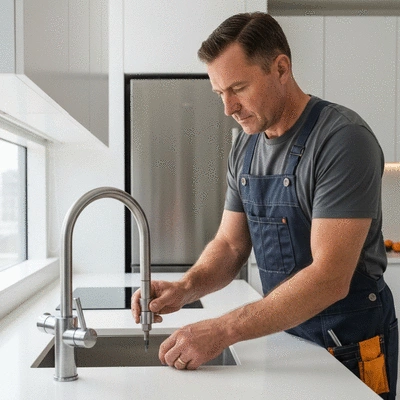 Handyman repairing a leaking faucet in a modern kitchen