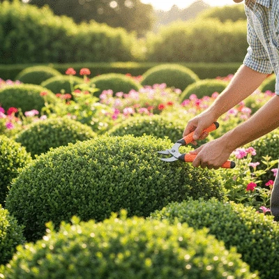 Gardener pruning bushes in a well-maintained garden, clean image