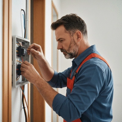 Electrician working on home electrical wiring, safety, clean image
