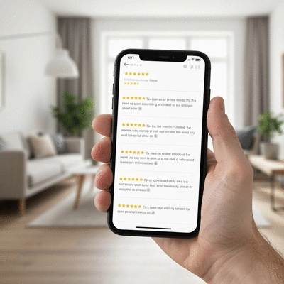 Hand holding a phone displaying five-star customer reviews