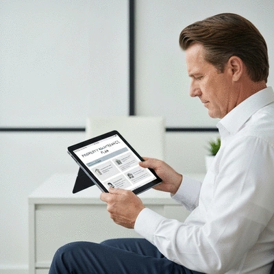 Person reviewing a property maintenance plan document on a modern tablet, showing various service inclusions and benefits, bright and clean office setting, no text, no words, no typography, clean image