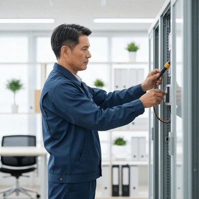Professional electrician performing a routine electrical inspection in a modern business office, emphasizing preventive care