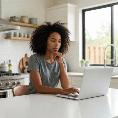 Woman using a laptop to research local tradespeople, modern kitchen background, natural light