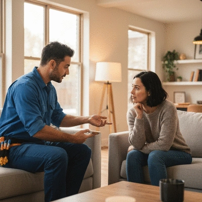 Handyman discussing repair options with a homeowner in a well-lit living room, professional setting, no text, no words, no typography, clean image, 8K