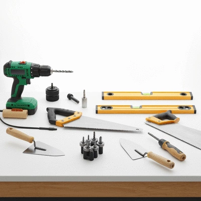 Various home maintenance tools neatly arranged on a workbench, indicating DIY readiness