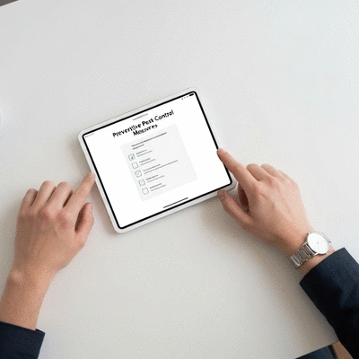 Digital checklist for preventive pest control measures on a tablet, clean modern design