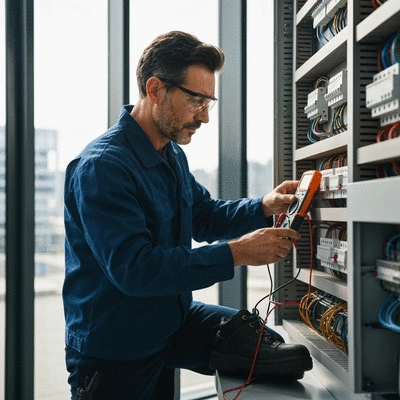 Electrician checking a circuit breaker panel in a commercial building with a multimeter, focus on safety and precision