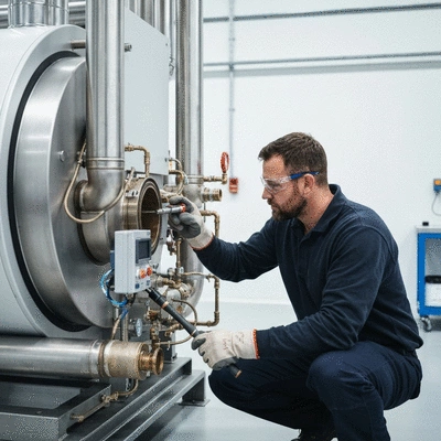 Commercial boiler system being inspected by a technician