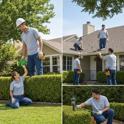 Technicians performing routine maintenance on a residential property, showing various aspects like gardening, minor repairs, and inspection, bright and professional, no text, no words, no typography, clean image