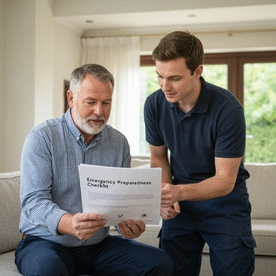 Homeowner reviewing emergency preparedness checklist with a repair professional