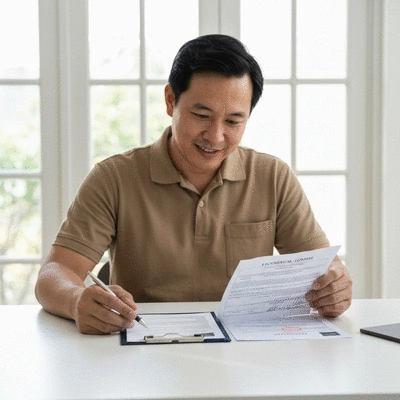 Person reviewing electrician's license and insurance documents