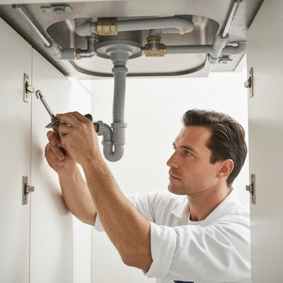 Professional plumber inspecting pipes under a sink with tools