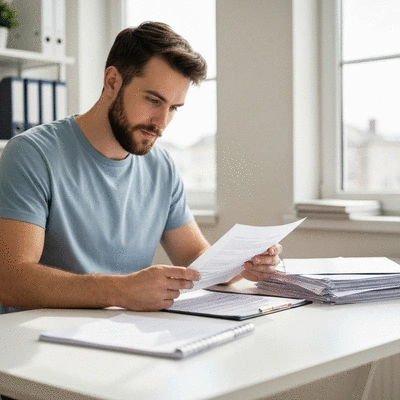 Homeowner reviewing property maintenance documents and contracts at a clean desk, no text, no words, no typography, clean image