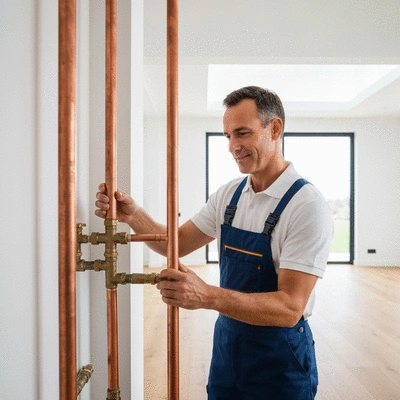 Professional plumber inspecting pipes in a modern home