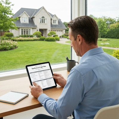 Homeowner reviewing a maintenance budget plan on a tablet with a house in the background
