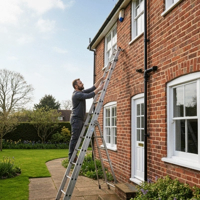 Homeowner cleaning gutters during spring maintenance