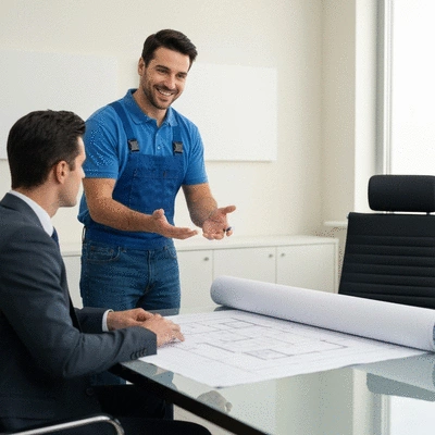 Handyman discussing maintenance plan with a property manager in a modern office, showing blueprints, no text, no words, no typography, 8K