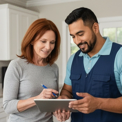 Homeowner discussing qualifications with a professional contractor in a home setting